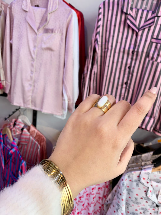 Bague perle Balnc en acier inoxydable