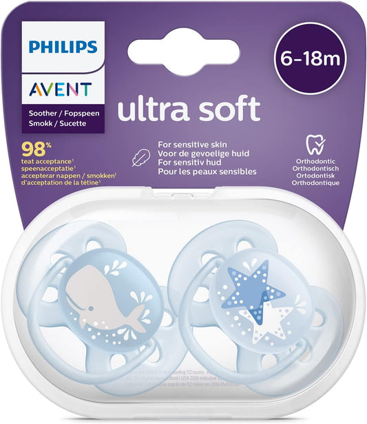 Philips Avent Lot de 2 sucettes ultra-douces sans BPA pour les bébés âgés de 6 à 18 mois,