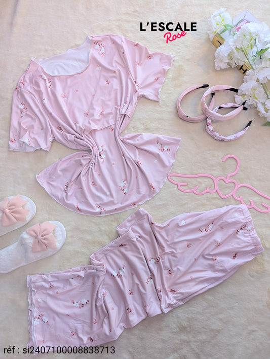 Pyjama d'été de maternité avec haut d'allaitement à manches courtes et pantalon à motif floral Shein