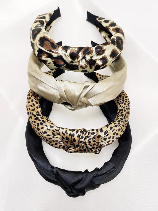 4 pièces/set Bandeau en tissu unicolore et à fleurs léopard pour femmes, avec nœud torsadé shien