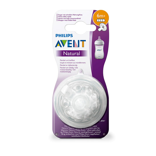 Philips Avent Lot de 2 tétines pour biberons Natural avec 4 trous pour les bébés de 6 mois et + (Modèle SCF044/27)