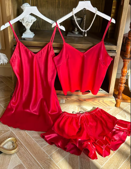 Ensemble 3 pièces en satin rouge
