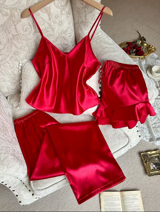 Pyjamas 3 pieces en satin rouge