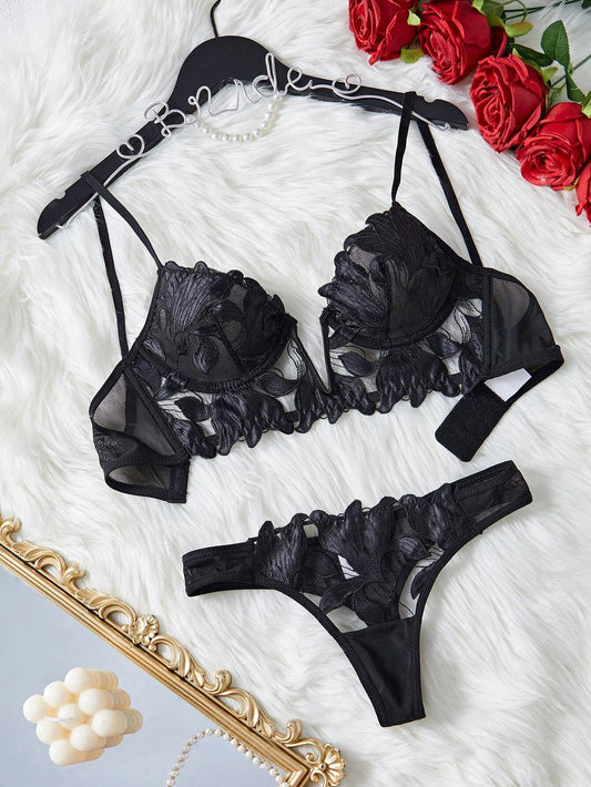 Ensemble 2 Ps  soutien-gorge et culotte noirs français classiques en forme de V shein